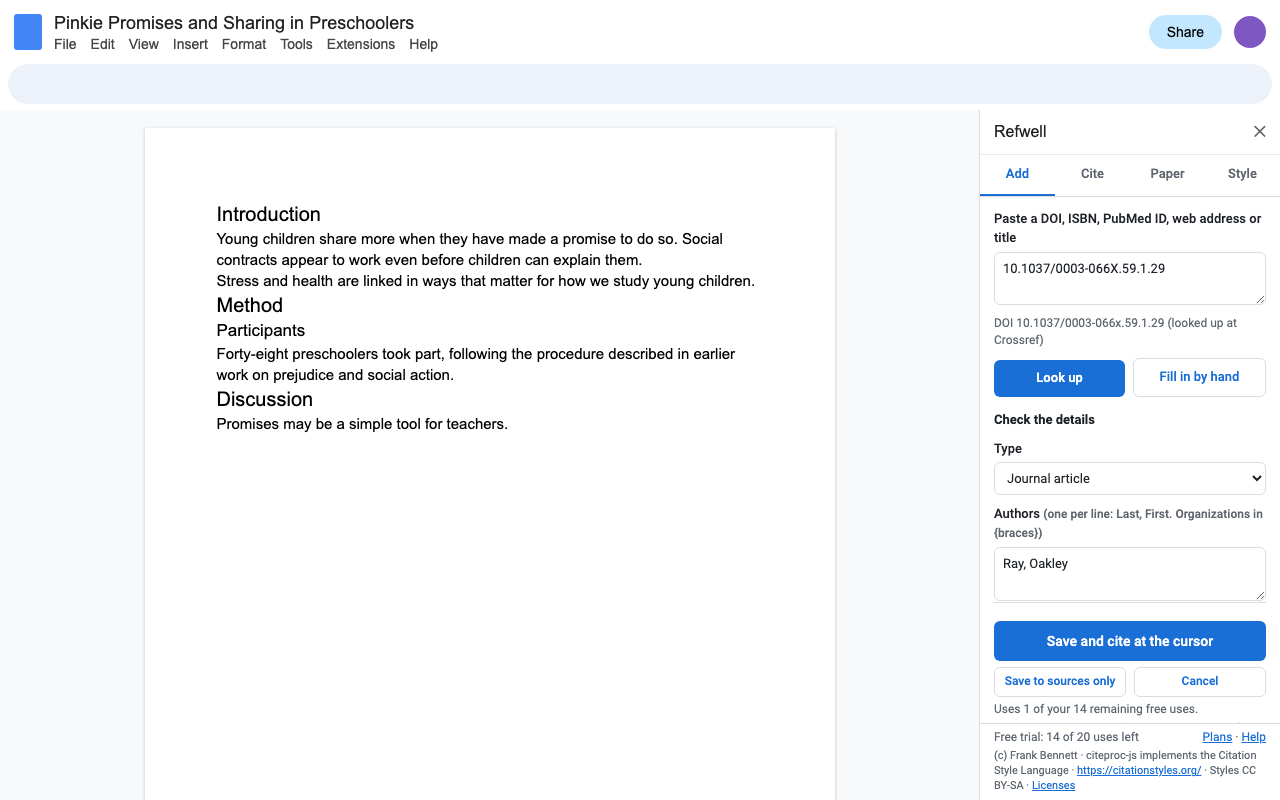 The Refwell sidebar in Google Docs after looking up a DOI: the source's authors, title and journal filled in from Crossref, ready to save and cite.