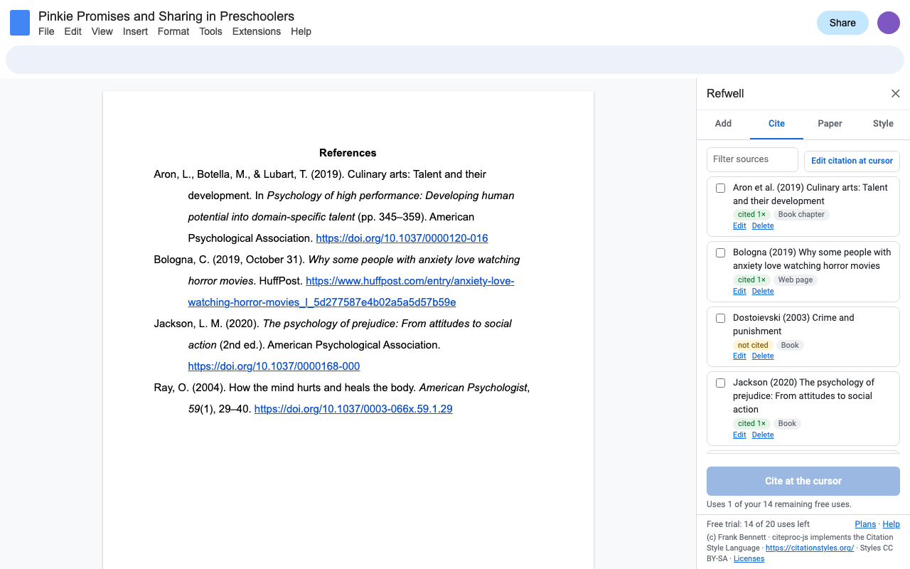 An APA References page in Google Docs with hanging indents, double spacing, italic titles and live DOI links.