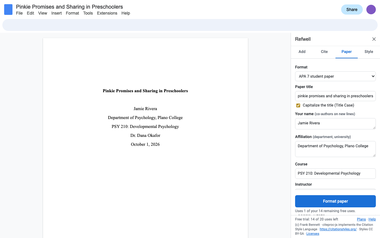 An APA 7 student title page made by Refwell's Paper tab: bold centered title, name, affiliation, course, instructor and date.