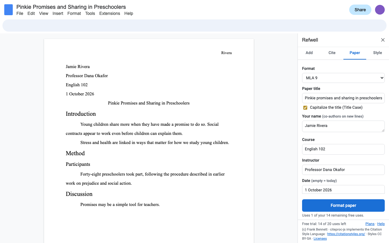 An MLA first page: four-line heading, centered title, double spacing and the student's last name in the header.
