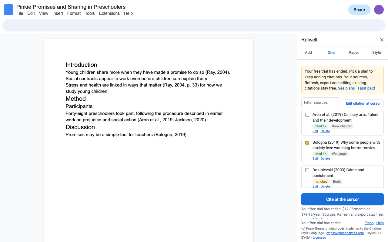 The Refwell sidebar after the free trial ends, showing the price and that sources, Refresh and export stay free.