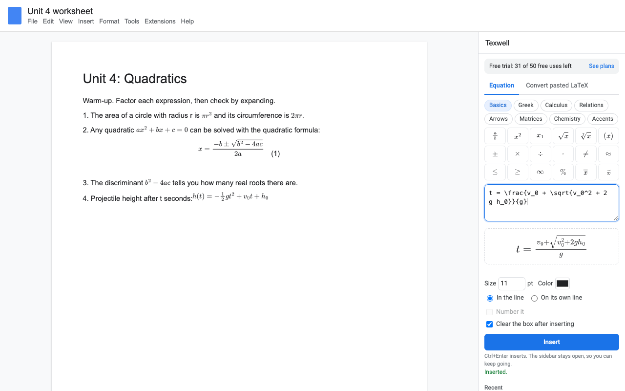 A quadratics worksheet in Google Docs with inline equations and a numbered display equation, and the Texwell sidebar previewing the next equation