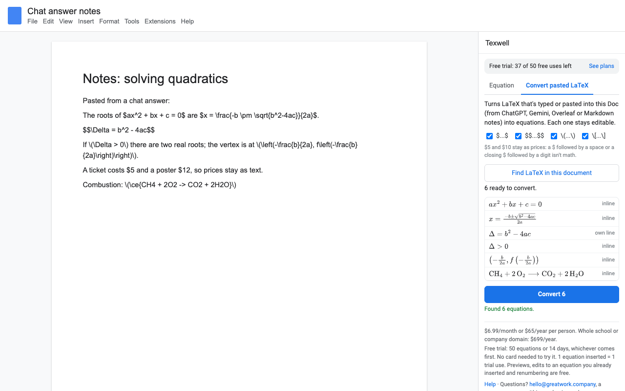 Convert LaTeX found six equations in a pasted chat answer and left the prices alone