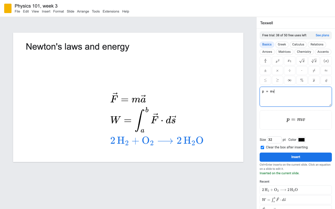 Three equations stacked on a physics slide in Google Slides, one in blue