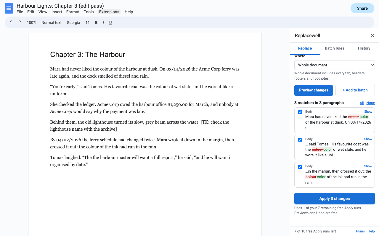 A novel chapter in Google Docs with the Replacewell sidebar previewing colour to color: three matches shown in context, old text in red, new text in green