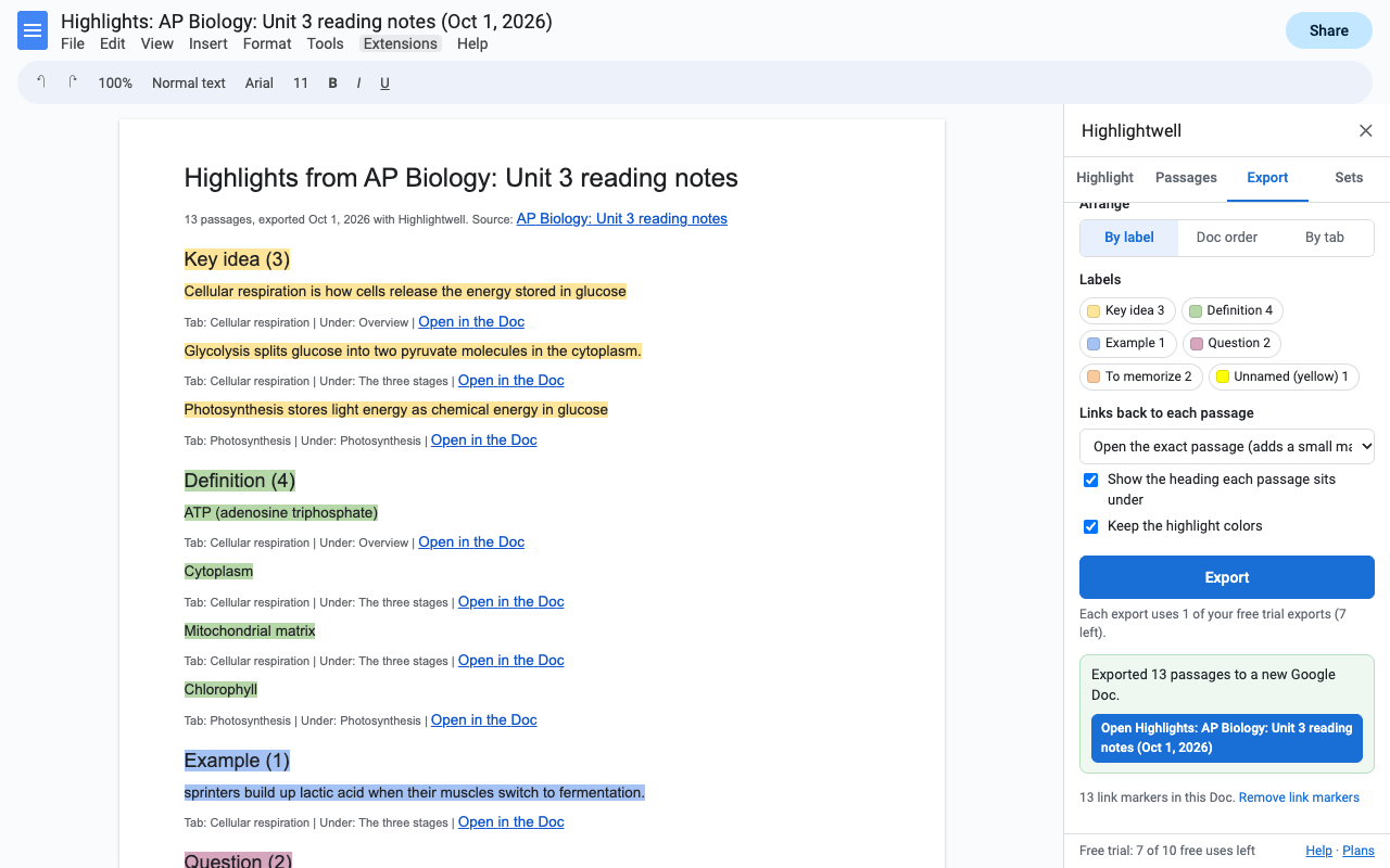 A new Google Doc made by Highlightwell: highlights grouped under Key idea, Definition and Example, each with its tab, heading and an Open in the Doc link
