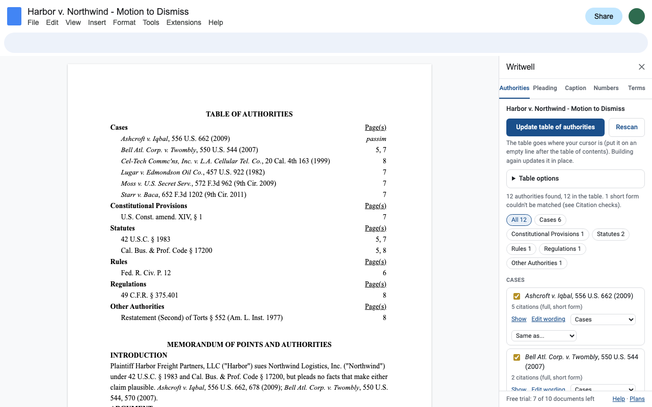 Writwell in Google Docs: a table of authorities with Cases, Constitutional Provisions, Statutes, Rules, Regulations and Other Authorities, italic case names, page numbers and passim, next to the sidebar's review list.