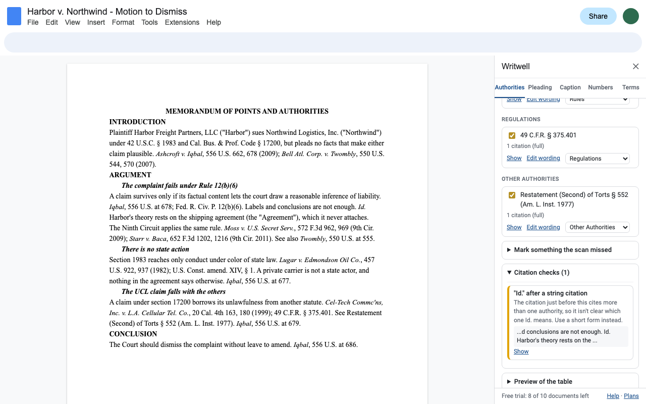 Writwell's review list with categories and the Citation checks panel flagging an Id. that follows a string citation.