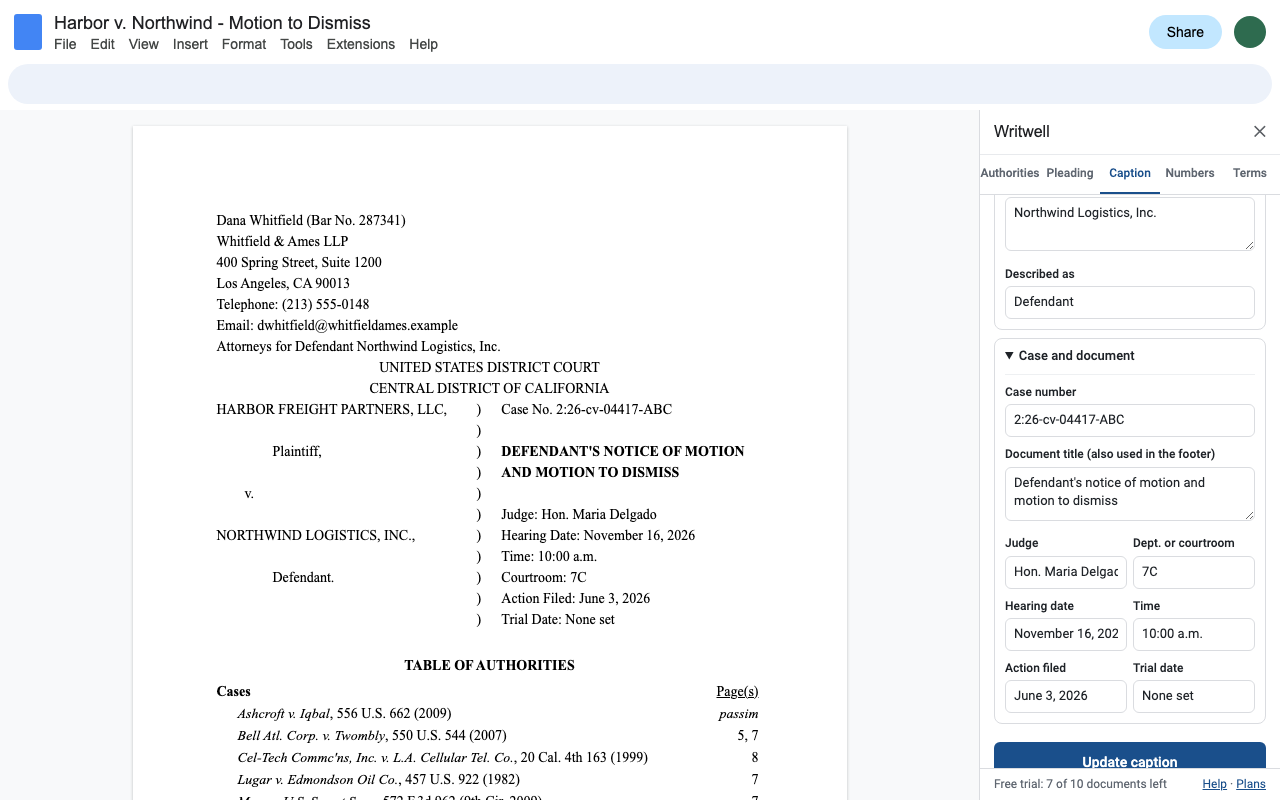 Writwell's caption page in a Google Doc and the Caption tab with case number, document title, judge and hearing fields.