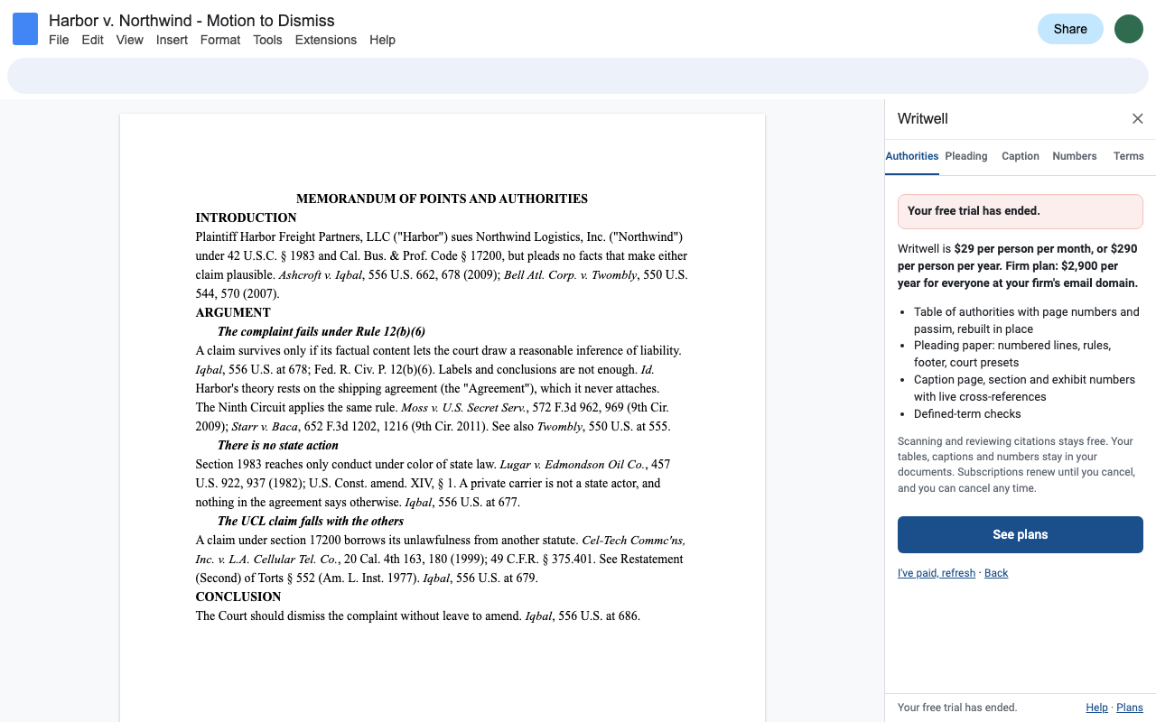 Writwell's sidebar after the free trial, stating the price before any charge.