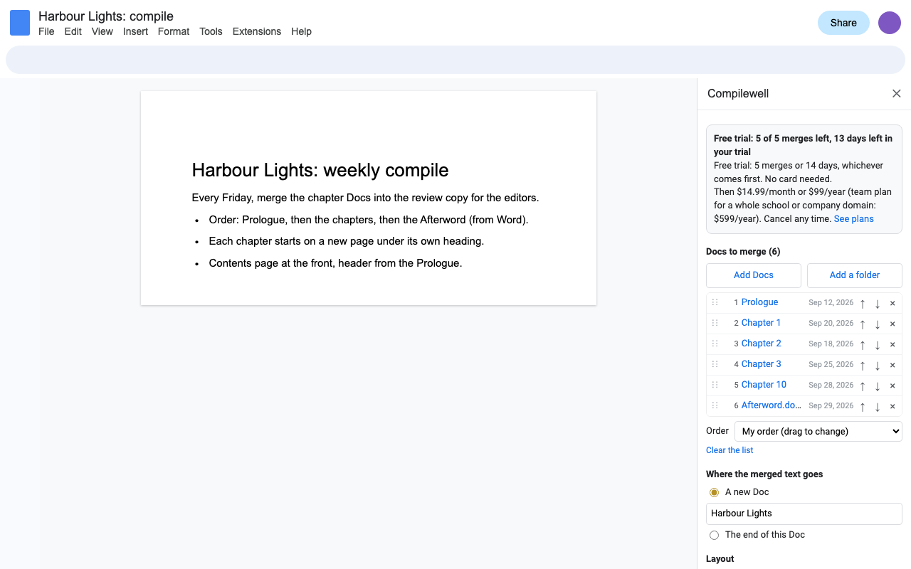 The Compilewell sidebar in Google Docs with six chapters in order, ready to merge