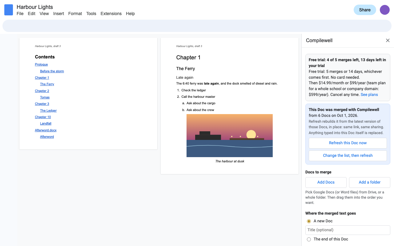The merged Google Doc: a linked table of contents, then each chapter with its heading, lists, a table and an image