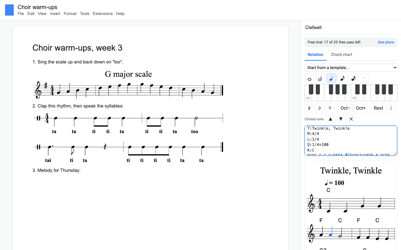A choir warm-up handout in Google Docs with a G major scale and a rhythm line, and the Clefwell sidebar editing a melody with chord symbols