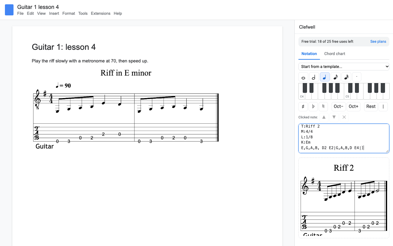 A guitar lesson Doc with a riff in E minor and its tab staff