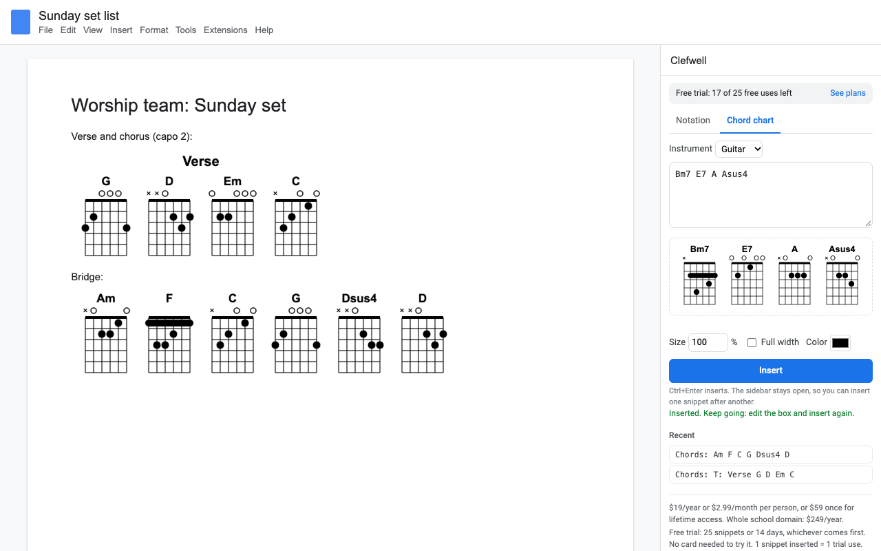 A worship set list in Google Docs with guitar chord charts for the verse and bridge