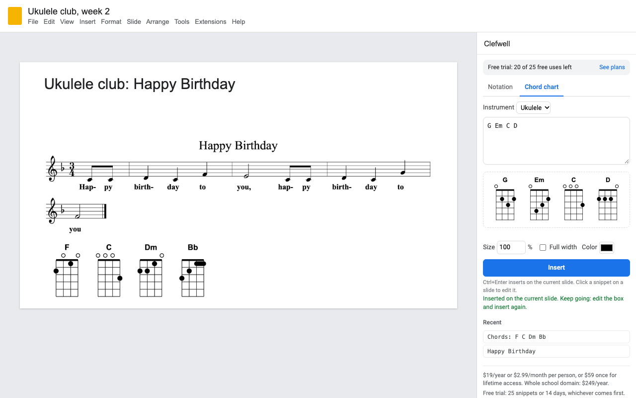 A Google Slides slide with Happy Birthday in notation and a ukulele chord chart