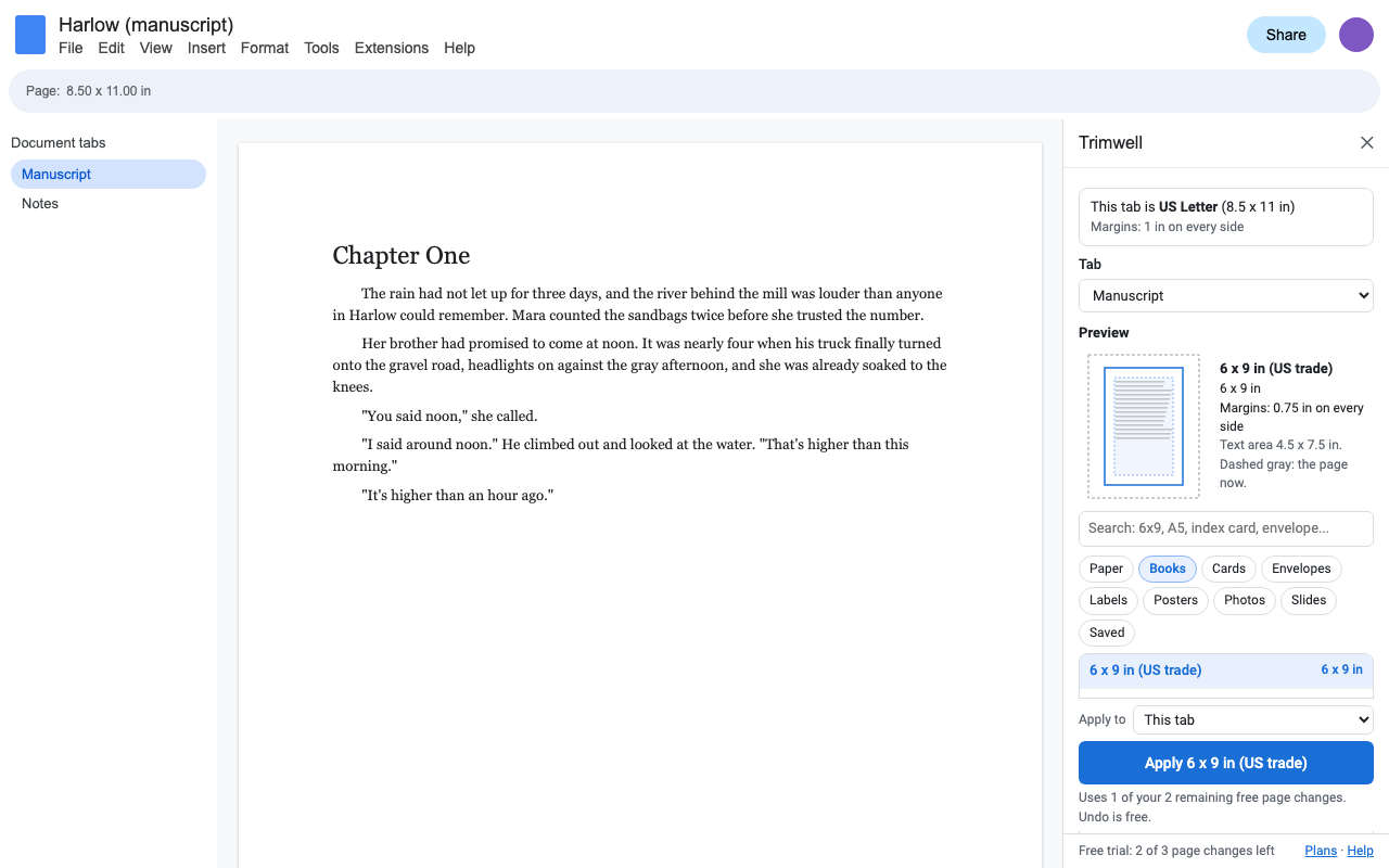 A manuscript in Google Docs with the Trimwell sidebar open on book sizes, the 6 x 9 inch trim selected and a preview of the new page over the current Letter page