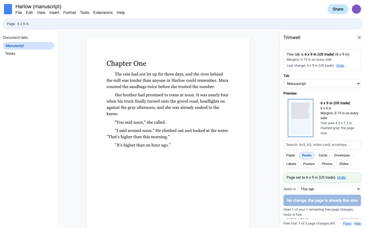 The same manuscript after Apply: the page is now 6 x 9 inches and the sidebar confirms the change with an Undo link