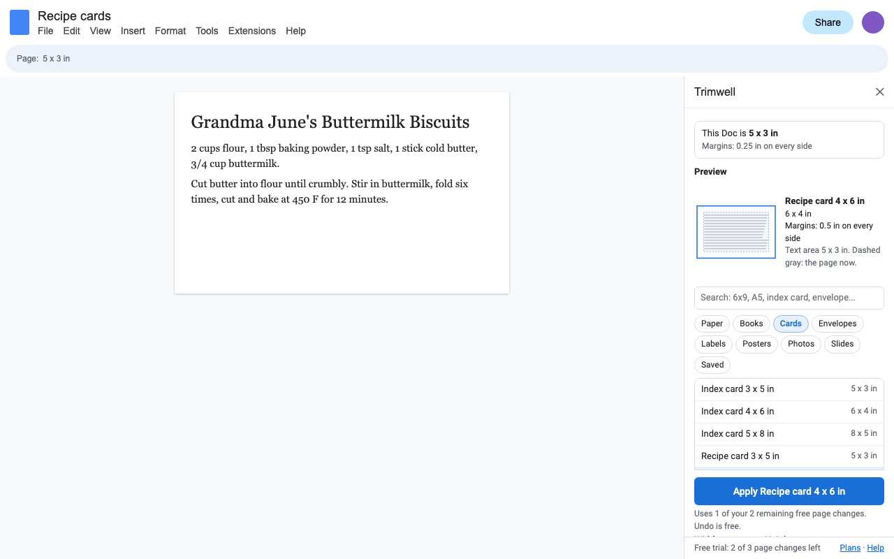 A recipe in Google Docs on a 4 x 6 inch landscape recipe-card page, with Trimwell's card sizes listed in the sidebar