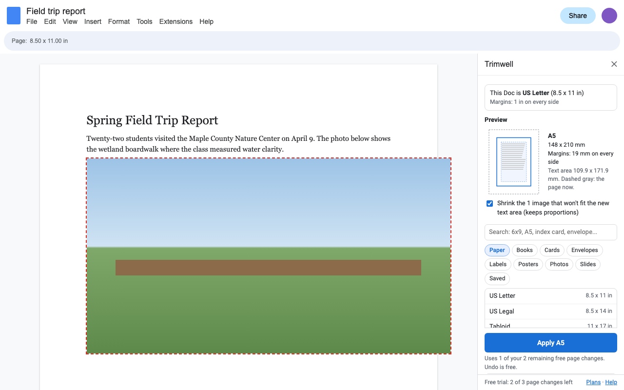 A field trip report changing to A5, with Trimwell offering to shrink the one photo that would not fit the smaller page
