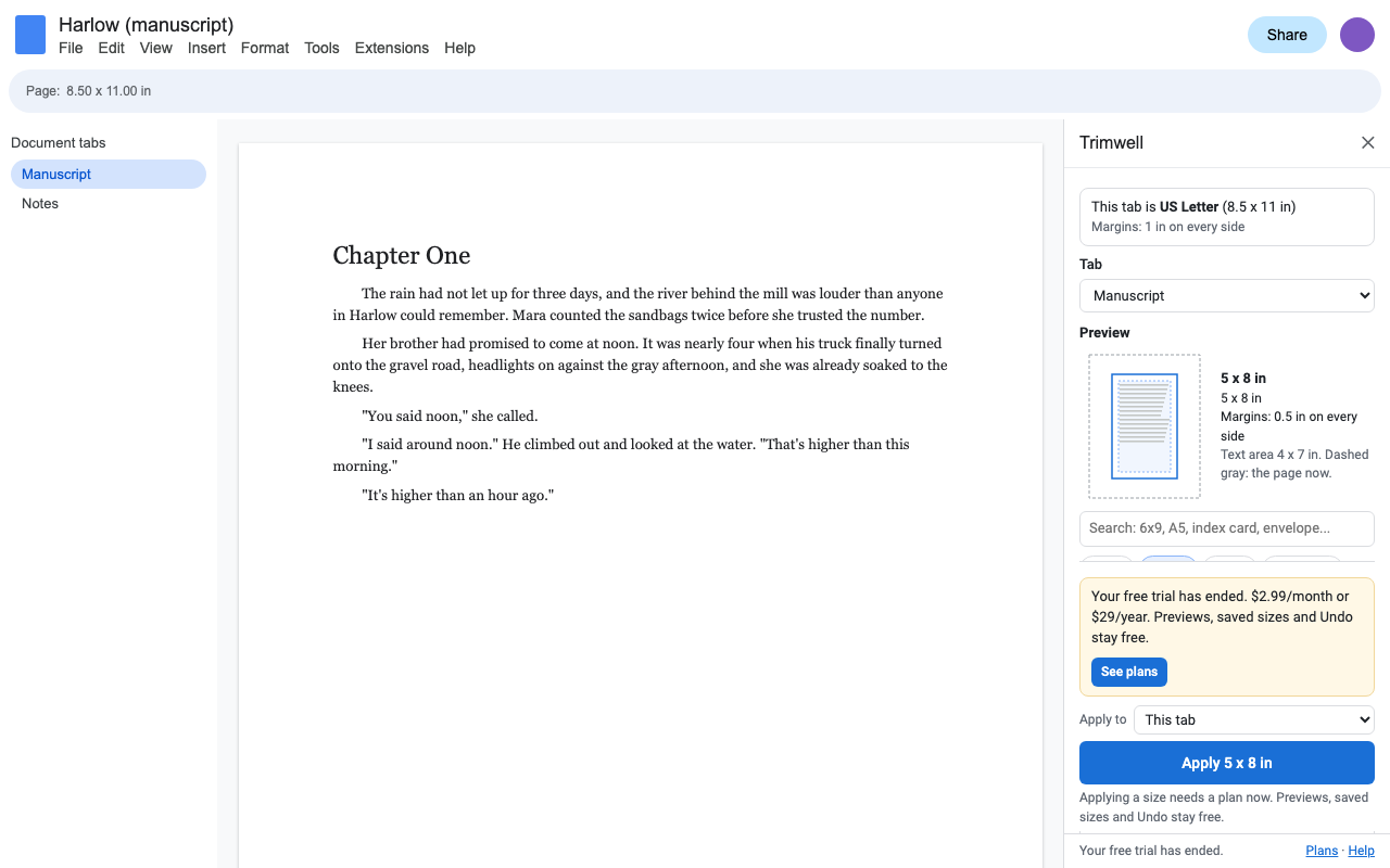 Trimwell's sidebar after the free trial: the price is shown with a See plans button, and previews and Undo still work