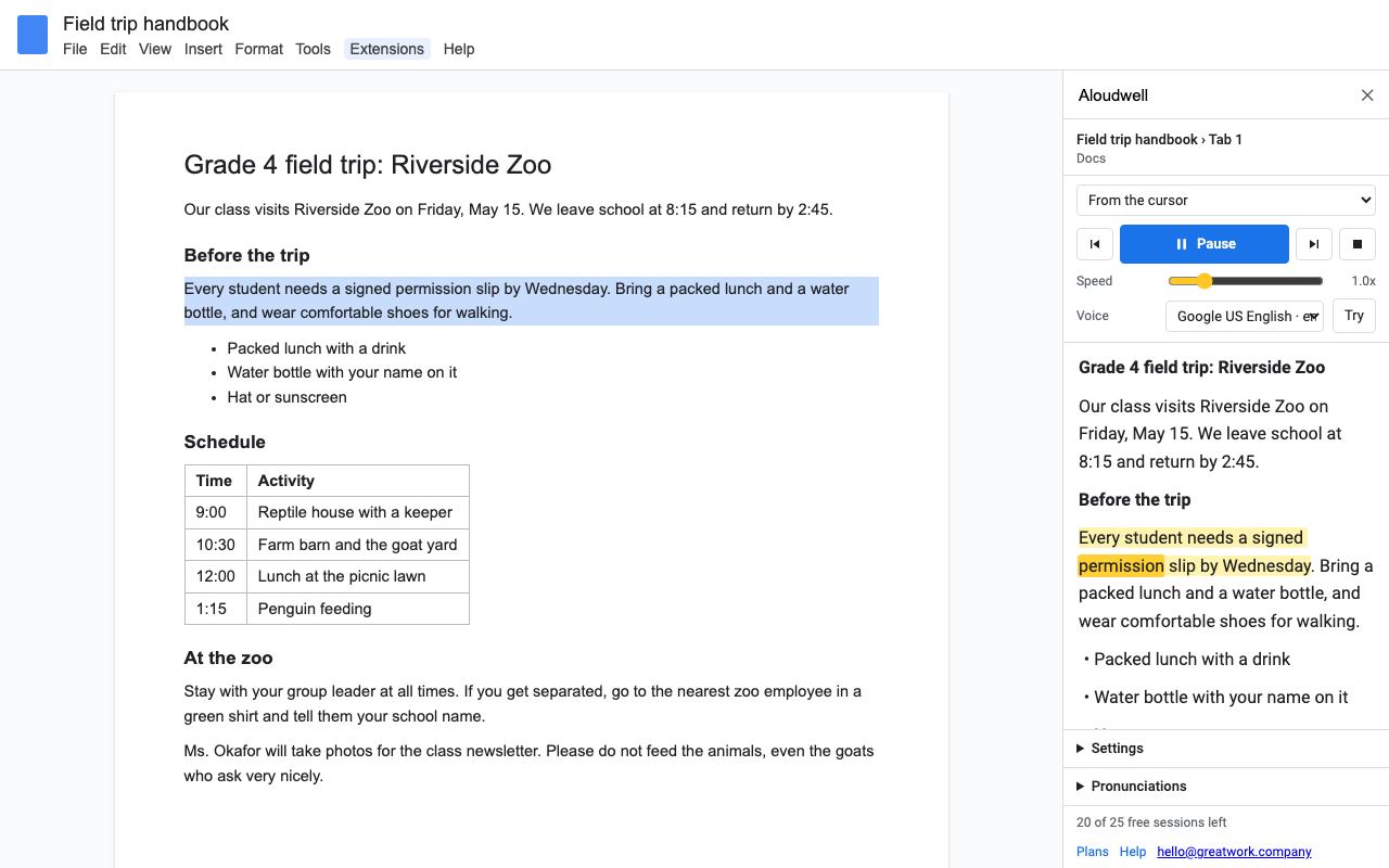 A field trip handbook in Google Docs with the Aloudwell sidebar reading it aloud, the current sentence tinted and the current word highlighted