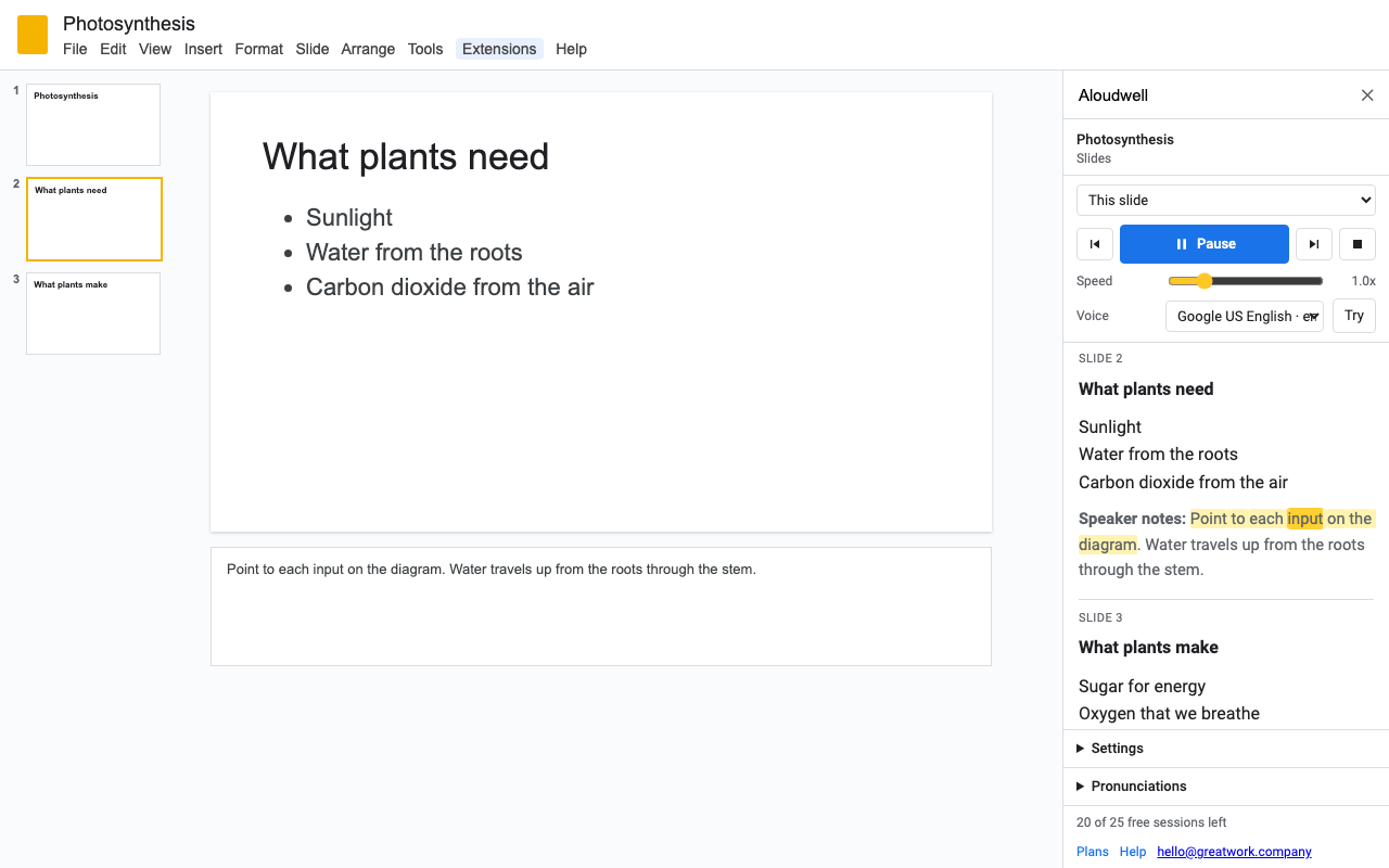 A lesson deck in Google Slides with Aloudwell reading the slide text and then the speaker notes
