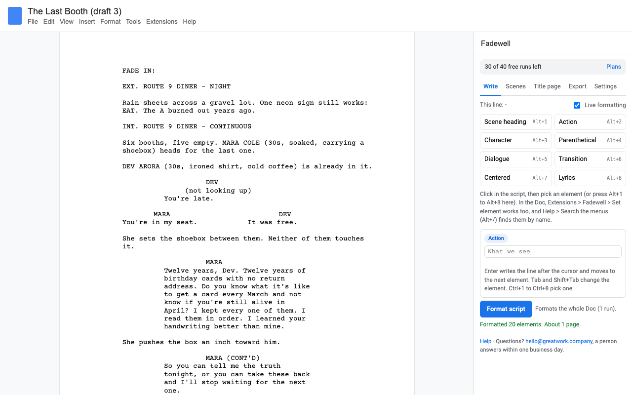 A screenplay in Google Docs formatted by Fadewell: scene headings, character names, parentheticals, dialogue and dual dialogue, with the Fadewell sidebar open