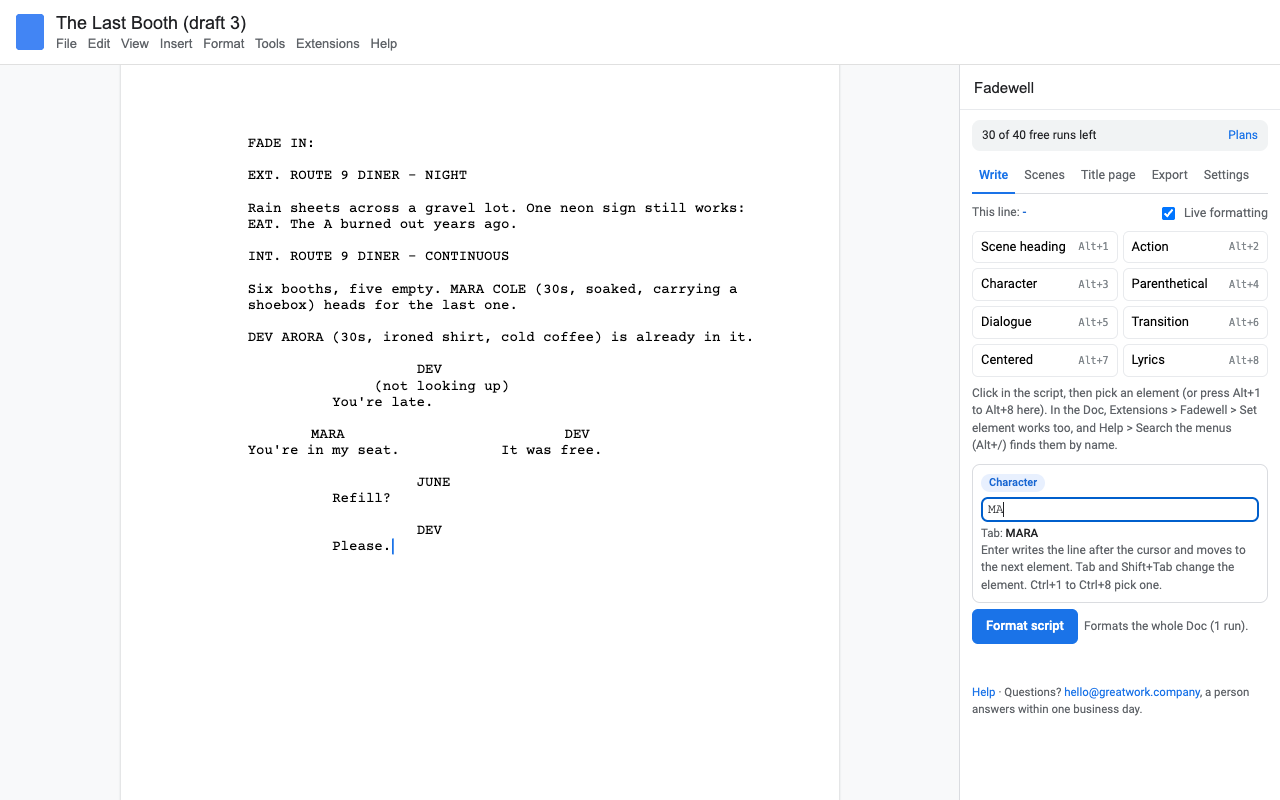 Writing new lines with the Fadewell composer: JUNE, Refill?, DEV, Please., and the name MARA suggested while typing
