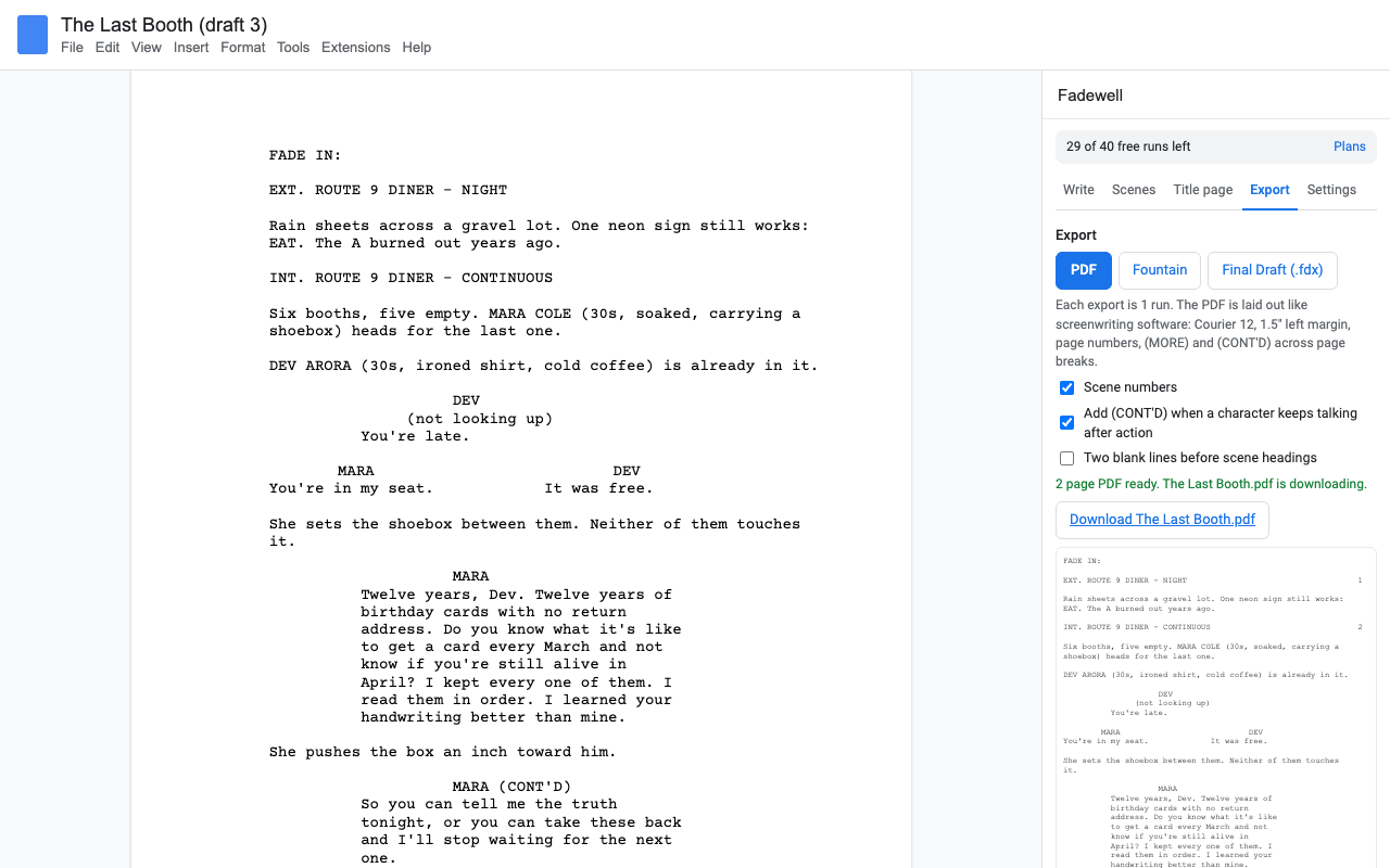 The Fadewell Export tab after building a PDF with scene numbers, showing a preview of page 1