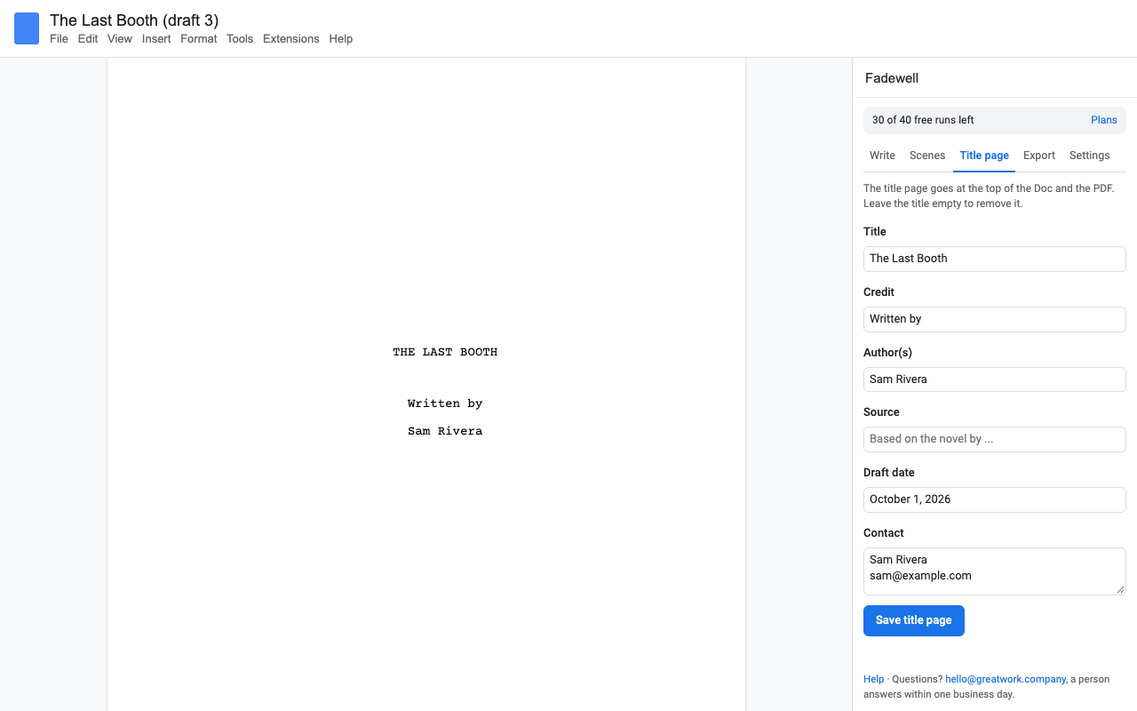 The Fadewell Title page tab and the formatted title page at the top of the Doc