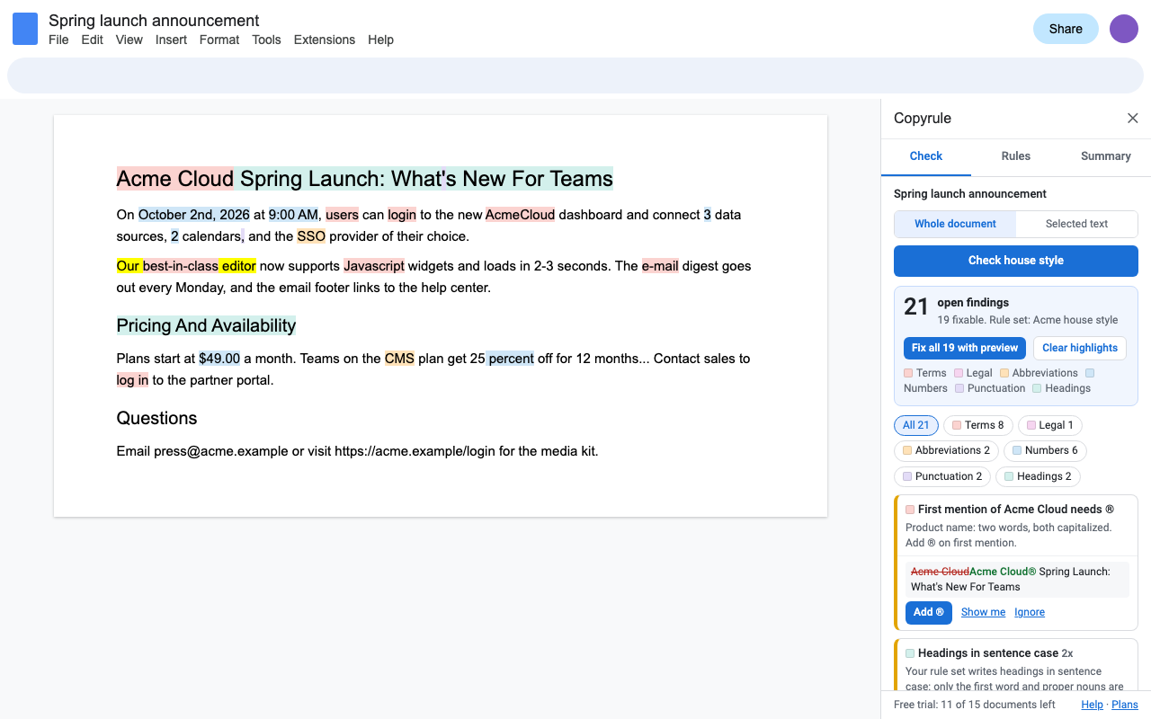 Copyrule in Google Docs: findings highlighted by category in a launch announcement, and the sidebar listing a missing disclaimer, a product name that needs its registered mark, and headings to change to sentence case.