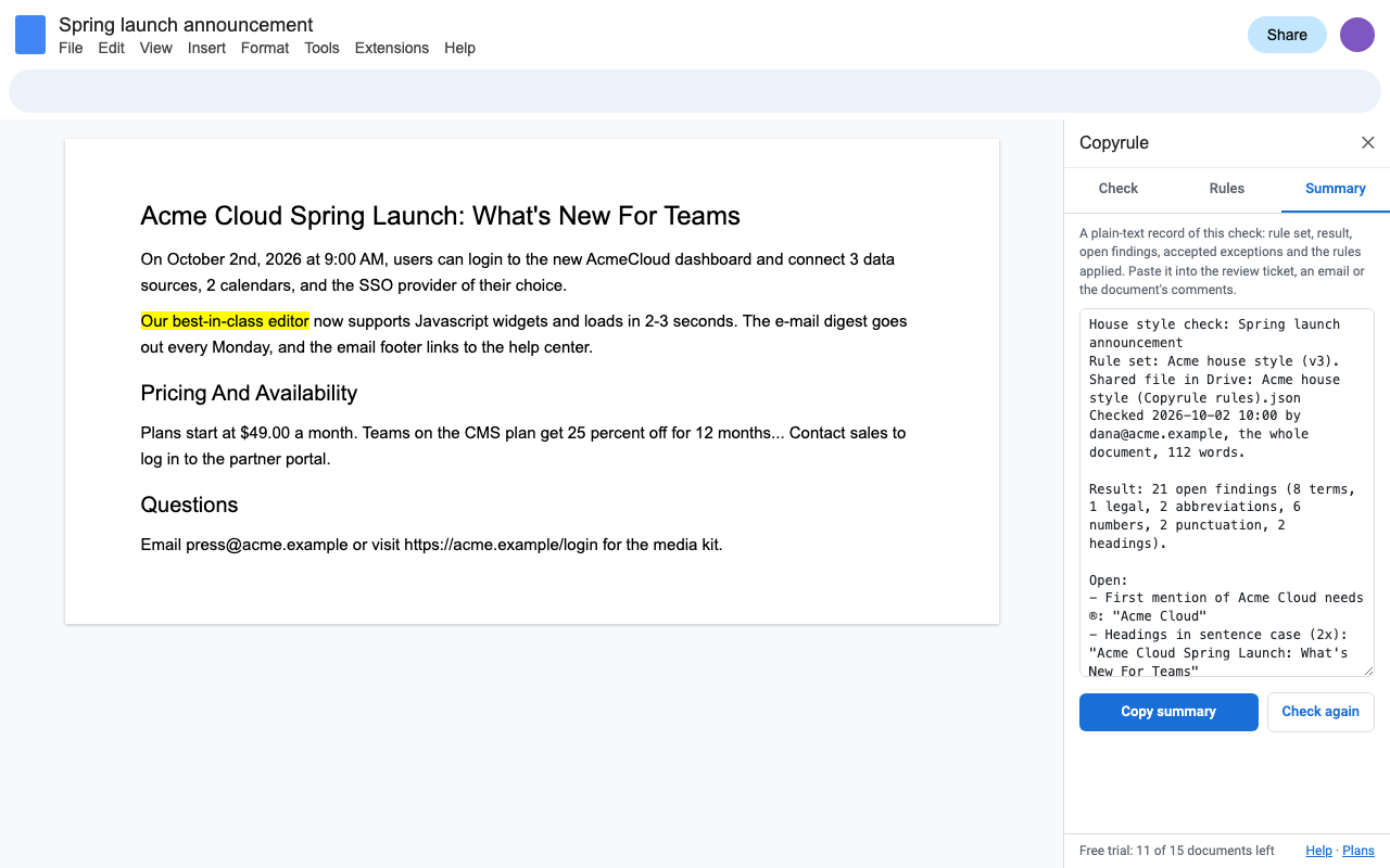 Copyrule's Summary tab with the plain-text compliance record and a Copy summary button.