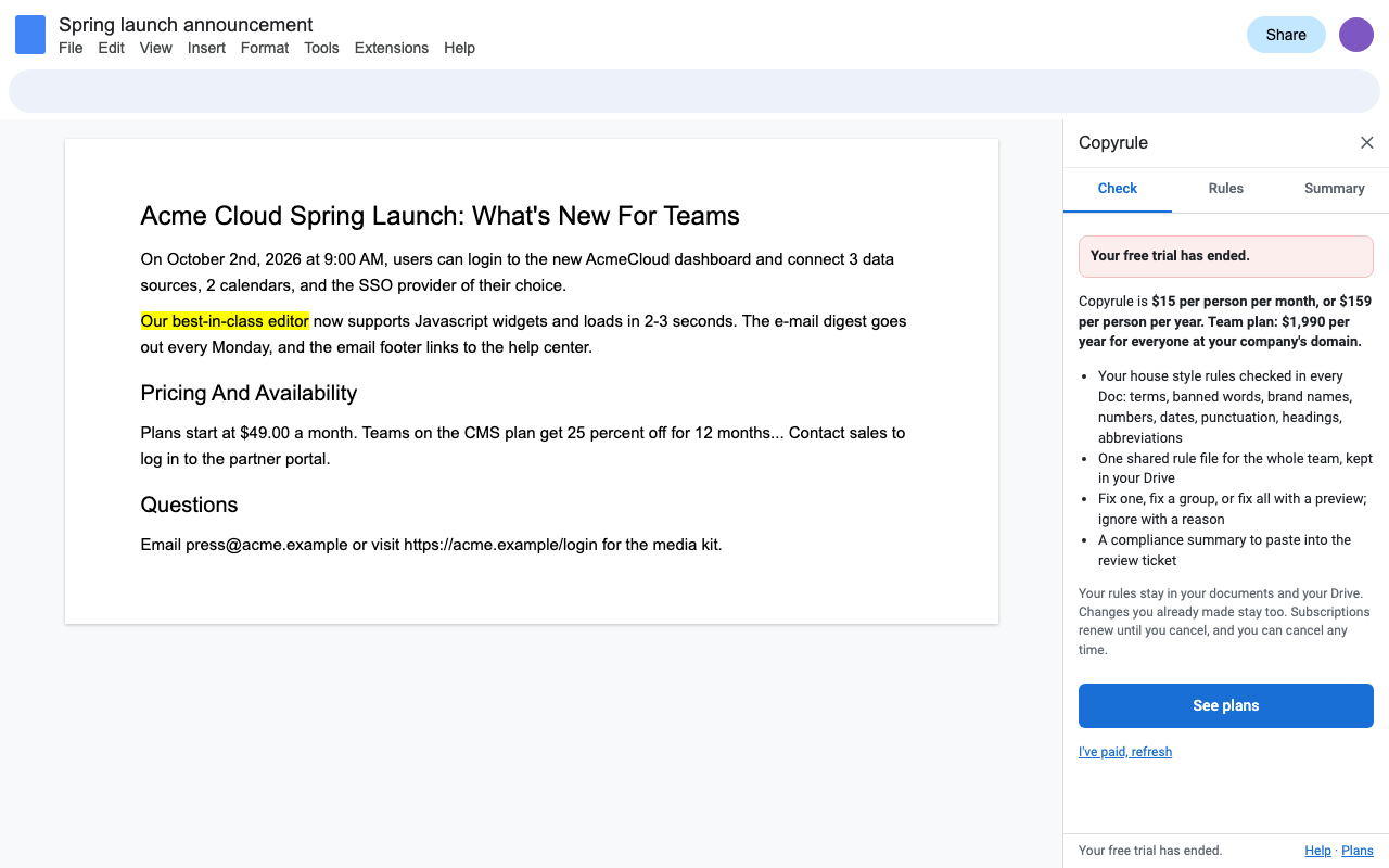 Copyrule's sidebar after the free trial, stating the price before any charge.