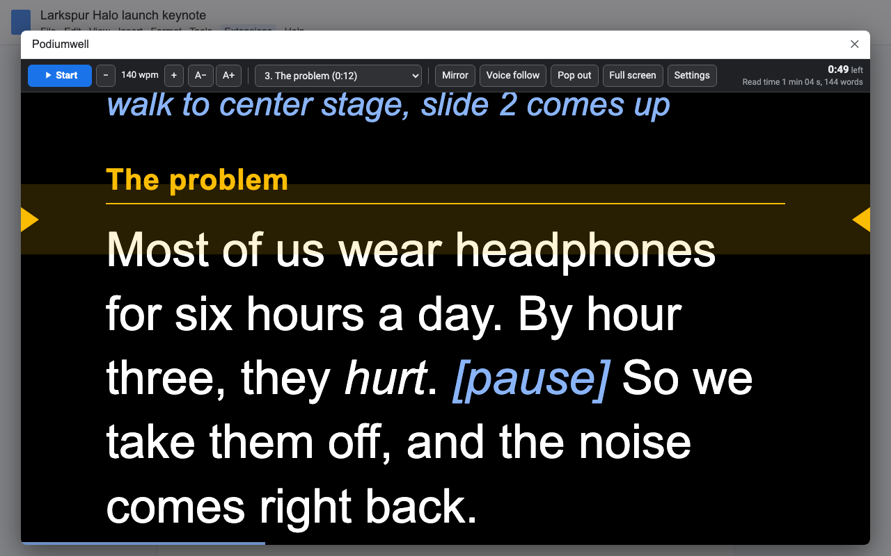 A keynote script from a Google Doc in the Podiumwell teleprompter: large white text on black, a reading line, the section list, words per minute and the time left