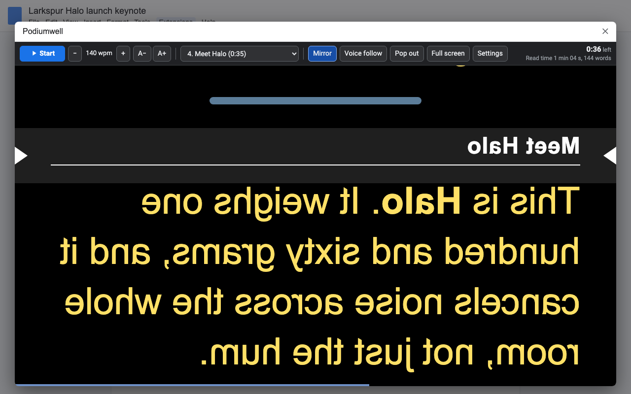 Mirror mode: yellow text on black, flipped left to right for a beam-splitter teleprompter