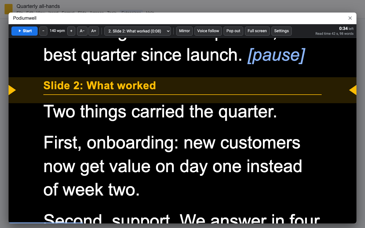 Speaker notes from a Google Slides deck in the teleprompter, starting at Slide 2