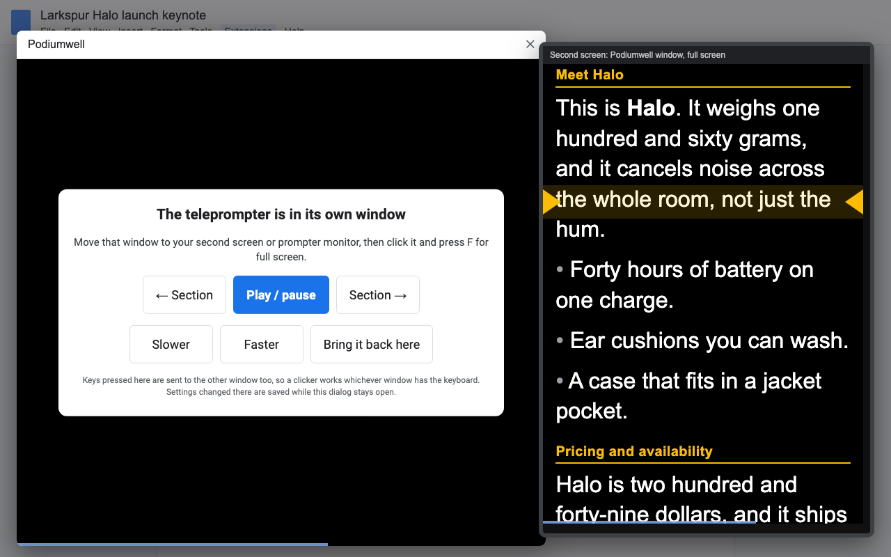 The Podiumwell dialog as a remote control next to the teleprompter window on a second screen