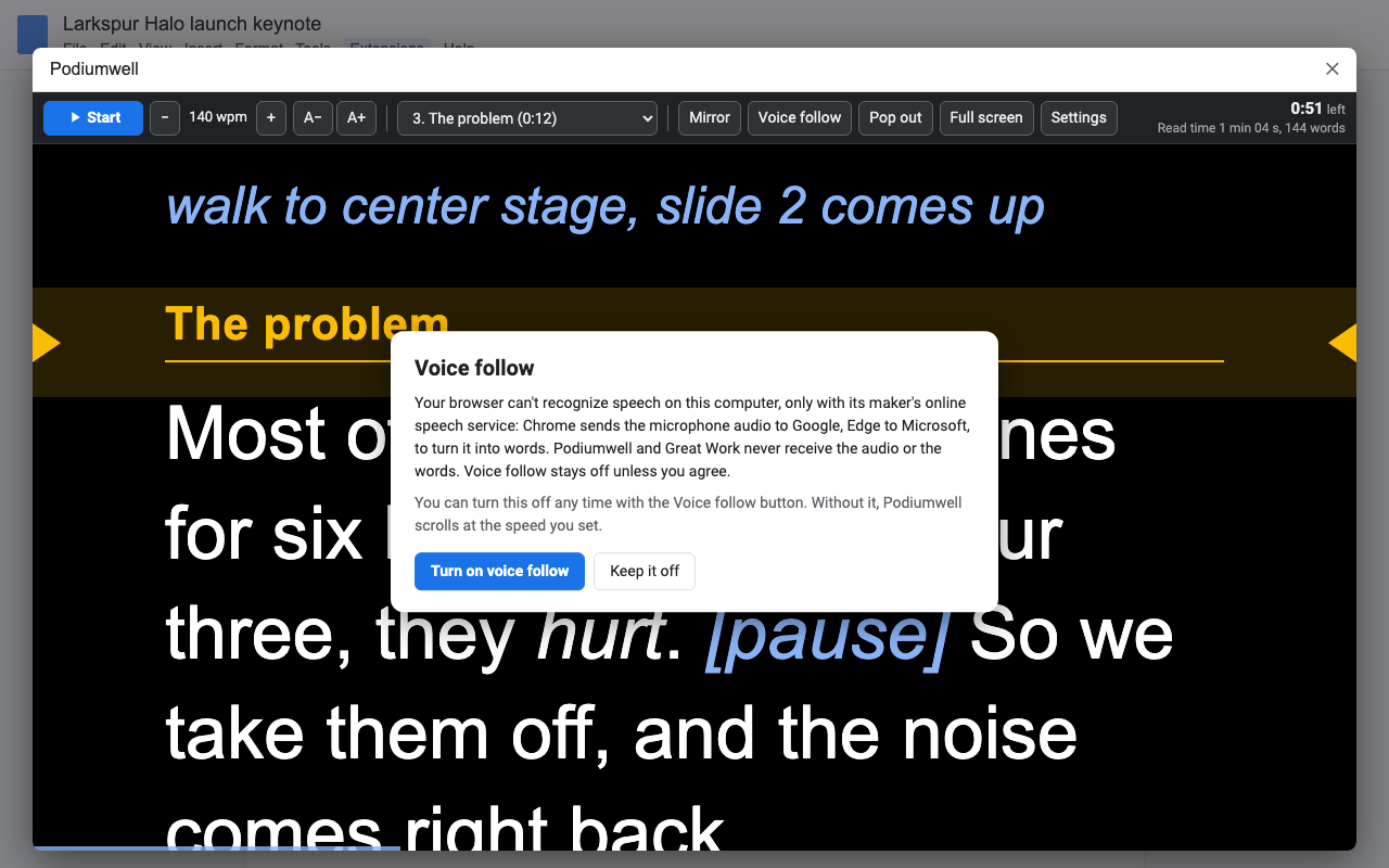 Podiumwell asking before using the browser's online speech service for voice follow