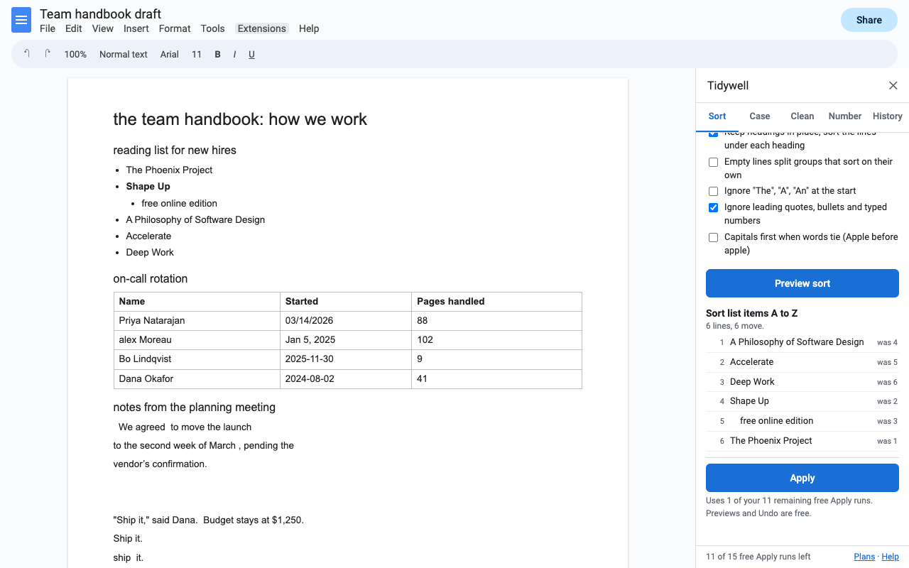 A team handbook in Google Docs with the Tidywell sidebar previewing an A to Z sort of a reading list, each line showing where it came from