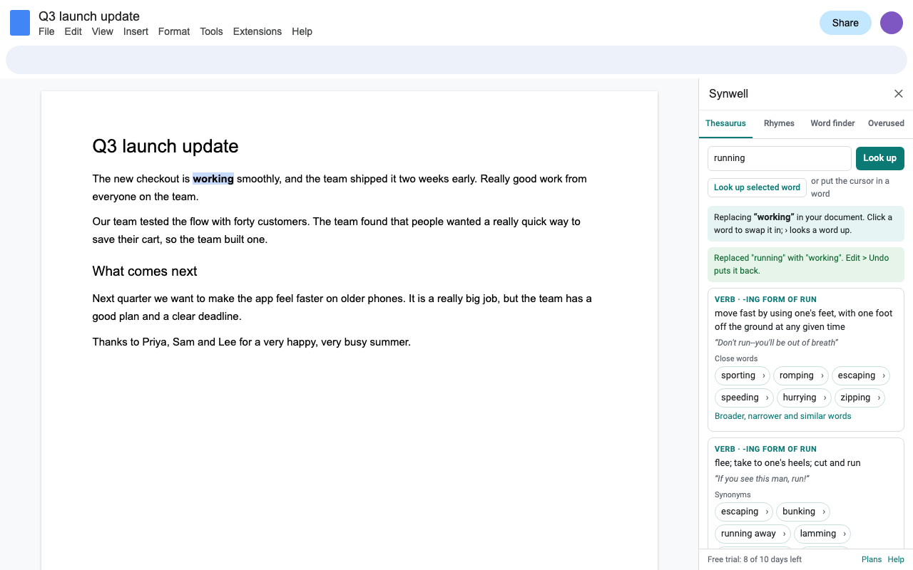 After clicking working, the document reads: the new checkout is working smoothly, still in bold.