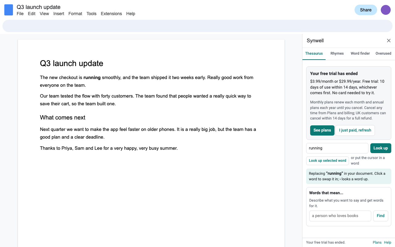 When the trial ends, the sidebar shows the price, how renewal works and how to cancel before any charge.