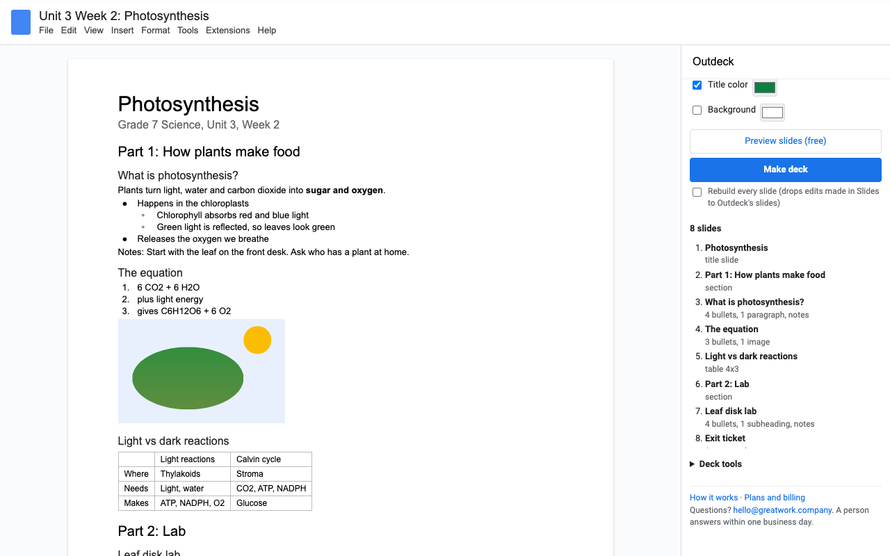 A lesson in Google Docs with the Outdeck sidebar showing the free preview of 8 slides