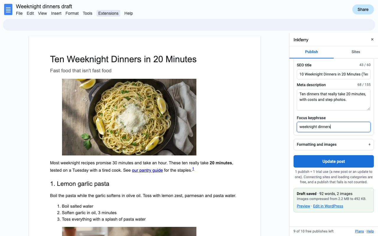 A recipe draft in Google Docs with the Inkferry sidebar showing Draft saved, 92 words, 2 images, images compressed from 2.2 MB to 492 KB