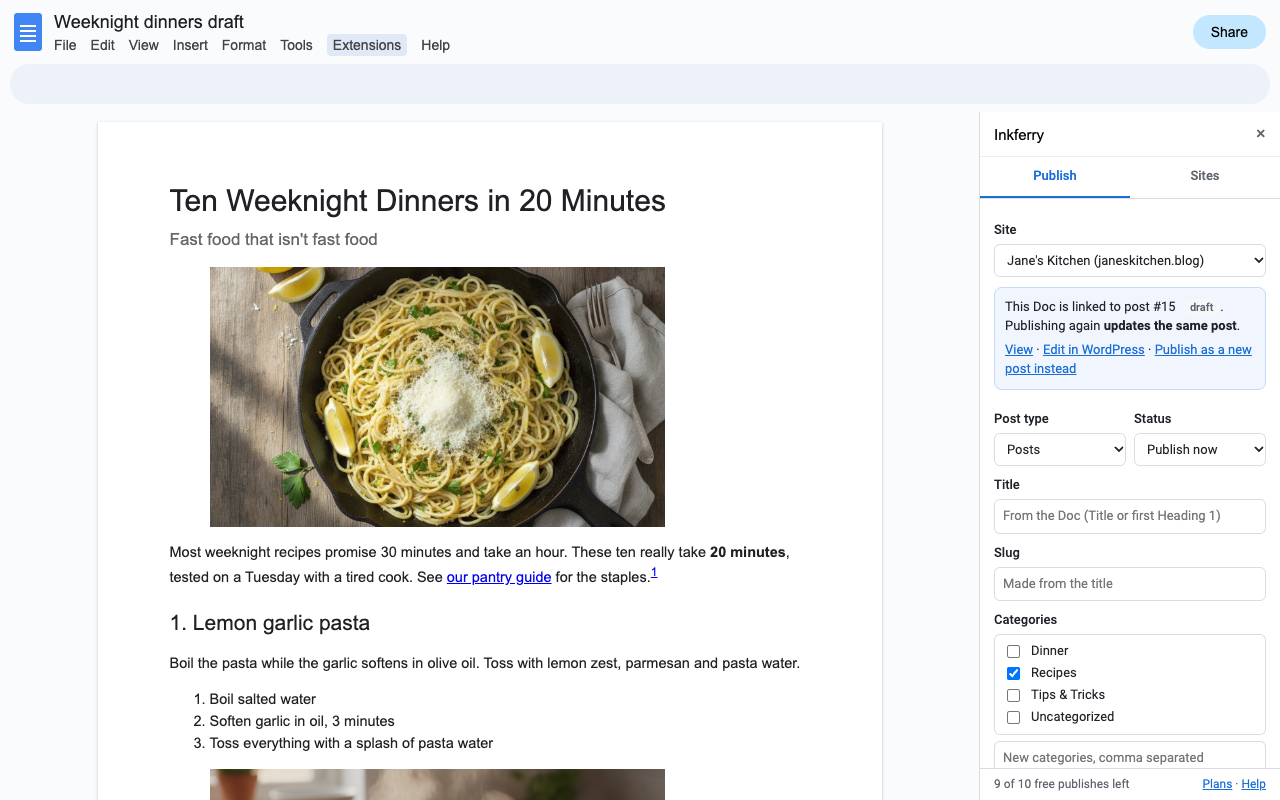 The Inkferry sidebar showing This Doc is linked to post 19, publishing again updates the same post