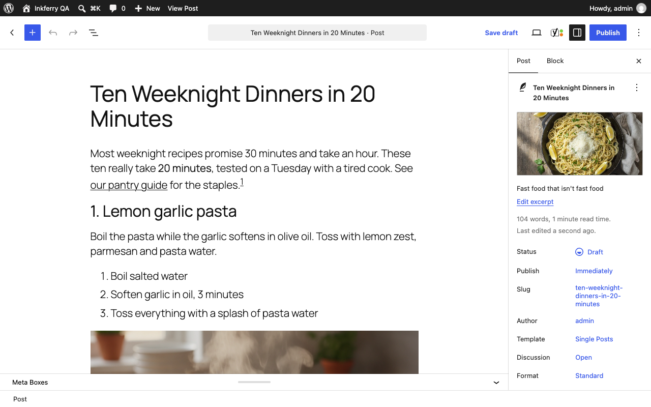 The published draft open in the WordPress block editor with its featured image, excerpt, headings and numbered list