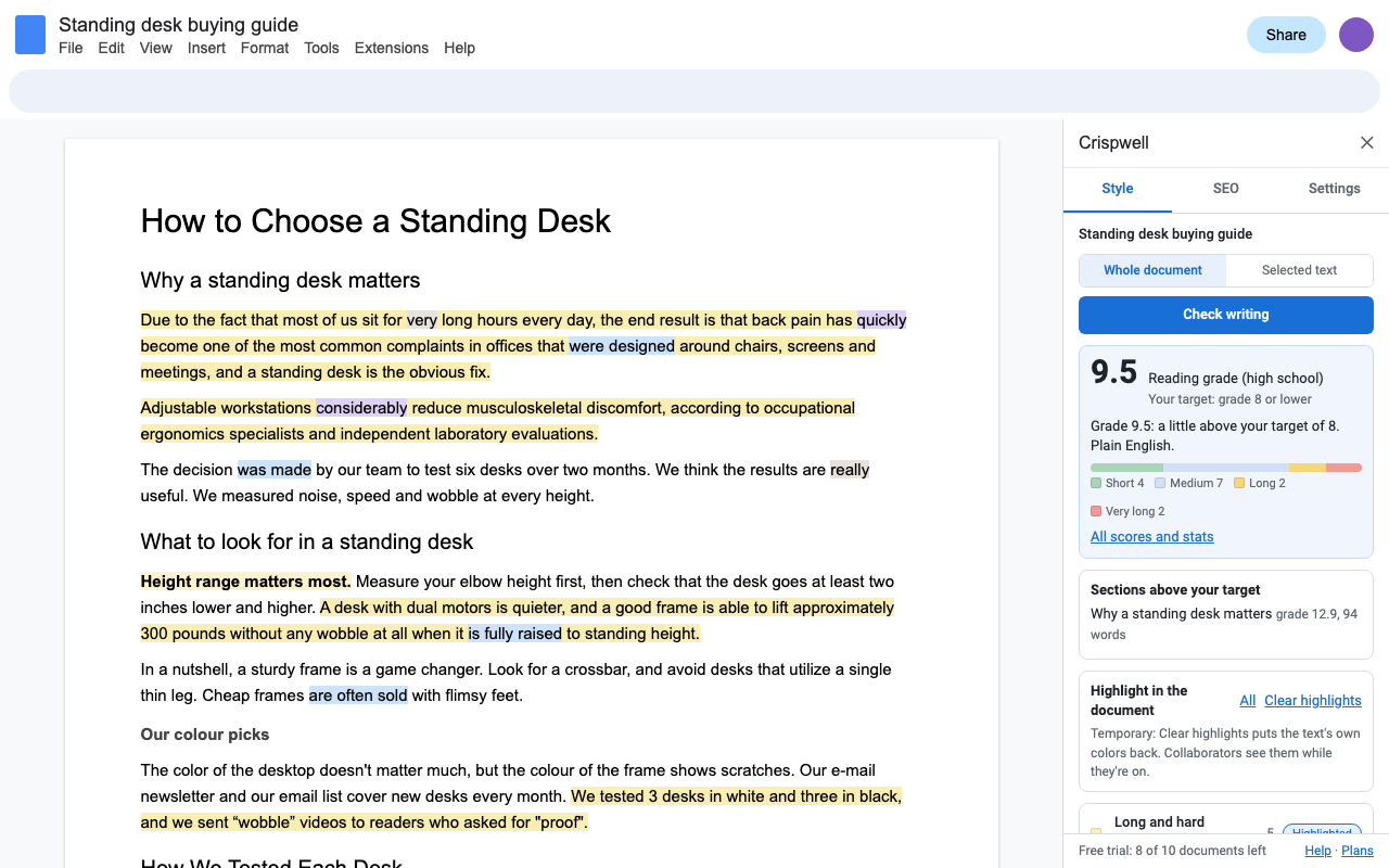 Crispwell in Google Docs: the sidebar shows a reading grade of 11 against a target of 8, and the document has long sentences, passive voice and filler words highlighted in different colors.