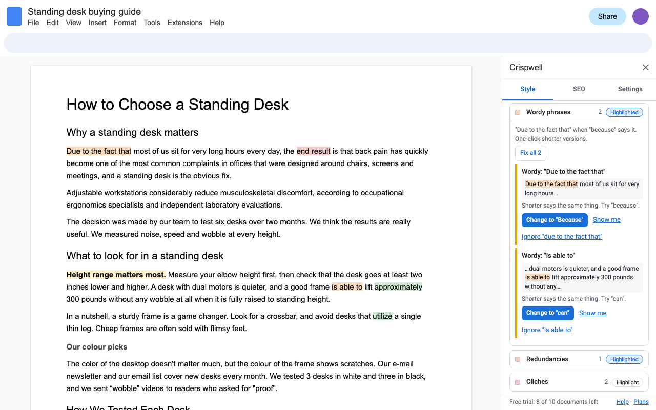 Crispwell's wordy phrases list with Change to buttons next to each phrase, and the matching phrases highlighted in the Google Doc.