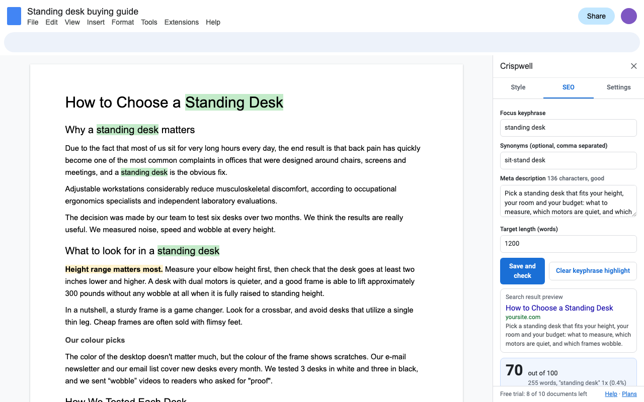 Crispwell's SEO tab: focus keyphrase checks in green, amber and red, a search result preview, and the heading outline.