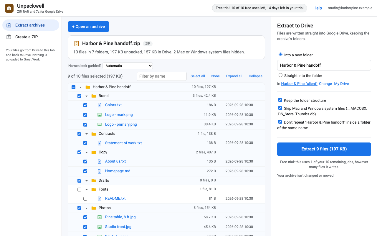 Unpackwell showing the folders and files inside Harbor & Pine handoff.zip with sizes and dates, the Fonts folder unticked, ready to extract 9 files into a new folder